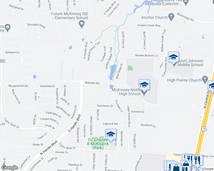 map of restaurants, bars, coffee shops, grocery stores, and more near 2704 Dexter Court in McKinney