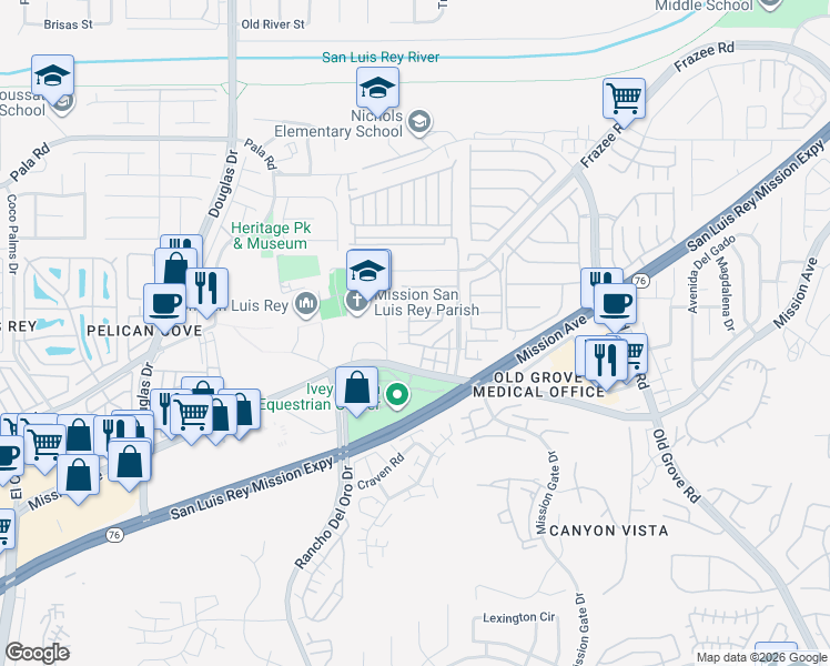 map of restaurants, bars, coffee shops, grocery stores, and more near 4104 Vela way in Oceanside
