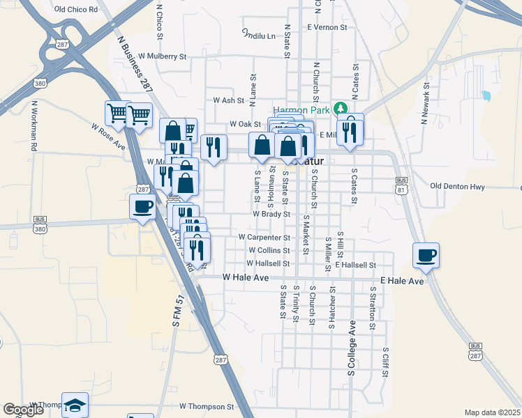 map of restaurants, bars, coffee shops, grocery stores, and more near 300 South Holman Street in Decatur