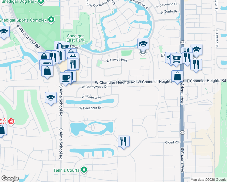 map of restaurants, bars, coffee shops, grocery stores, and more near 660 West Cherrywood Drive in Chandler