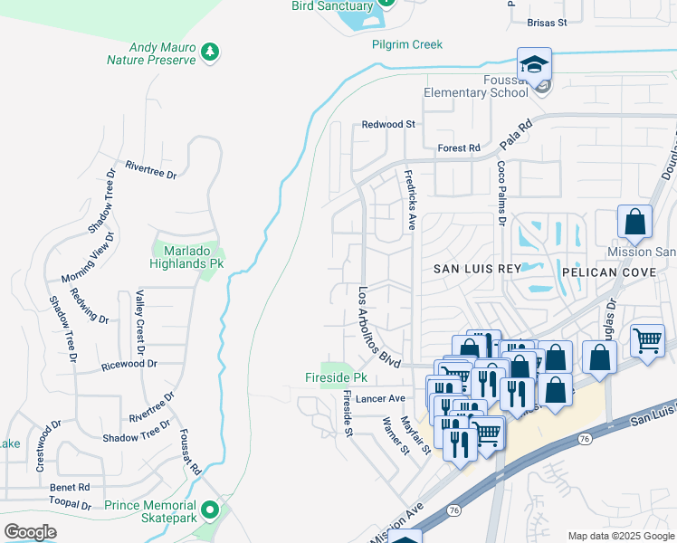 map of restaurants, bars, coffee shops, grocery stores, and more near 3474 Peach Tree Way in Oceanside