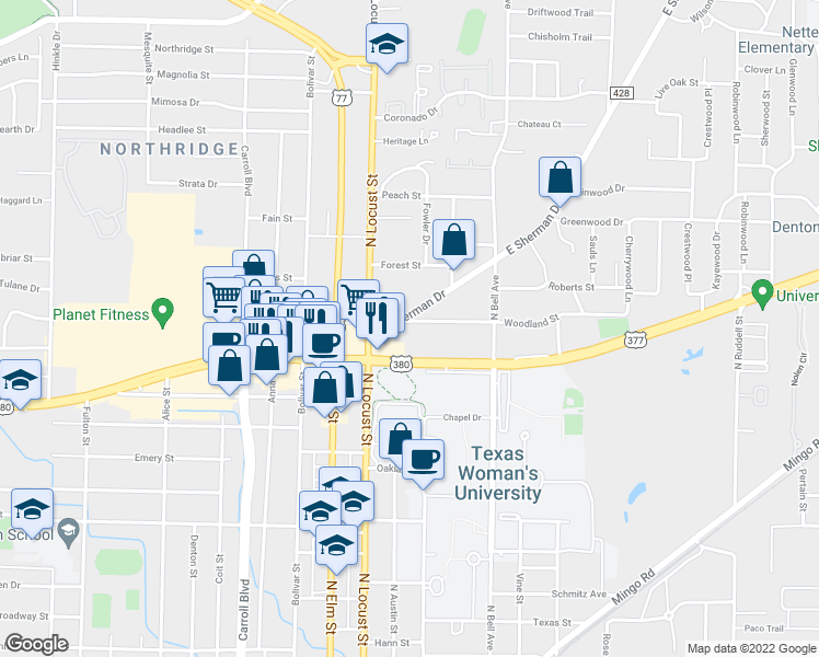 map of restaurants, bars, coffee shops, grocery stores, and more near 132 Woodland Street in Denton