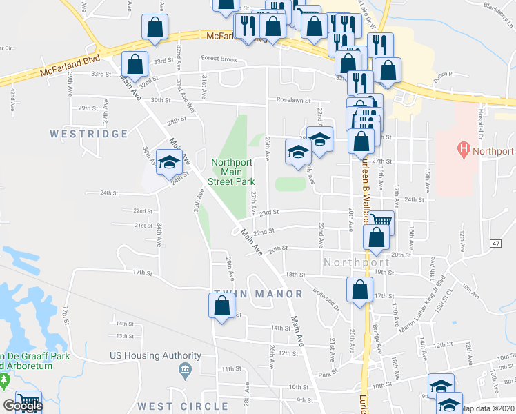 map of restaurants, bars, coffee shops, grocery stores, and more near 27TH Villa Drive in Northport