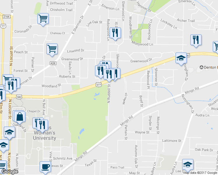 map of restaurants, bars, coffee shops, grocery stores, and more near 1929 North Ruddell Street in Denton