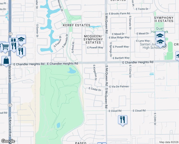 map of restaurants, bars, coffee shops, grocery stores, and more near 808 East Nolan Place in Chandler