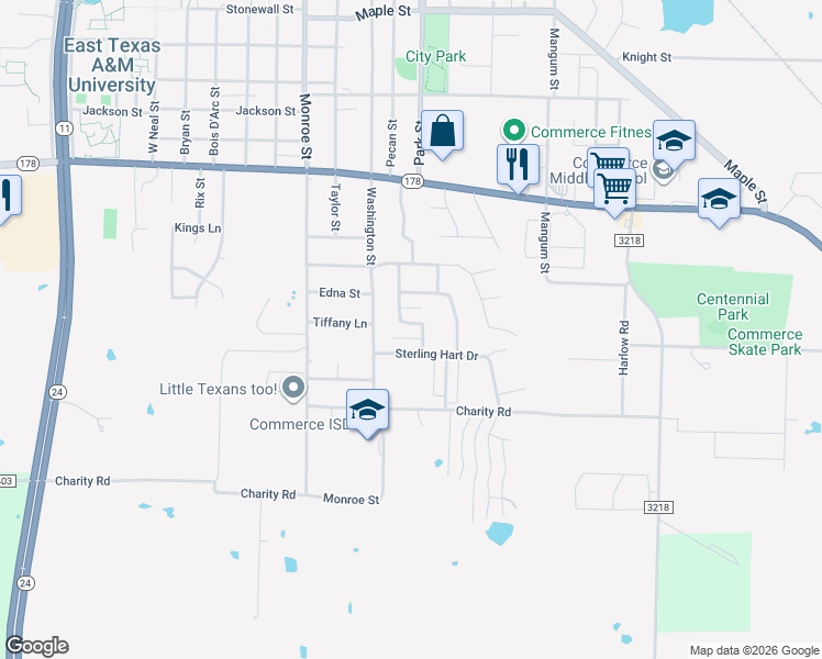 map of restaurants, bars, coffee shops, grocery stores, and more near 2825 Windy Drive in Commerce