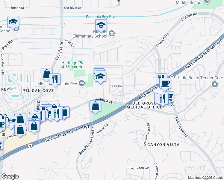 map of restaurants, bars, coffee shops, grocery stores, and more near 4120 Via Del Rey in Oceanside