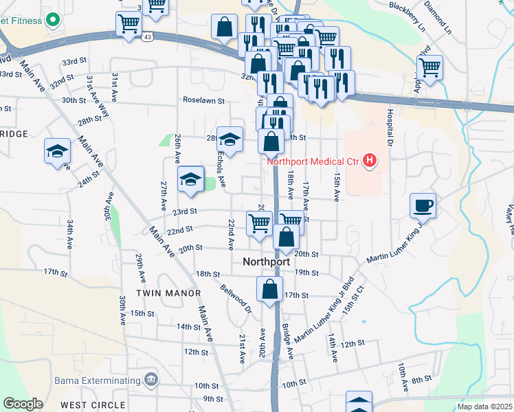 map of restaurants, bars, coffee shops, grocery stores, and more near 2316 20th Avenue in Northport