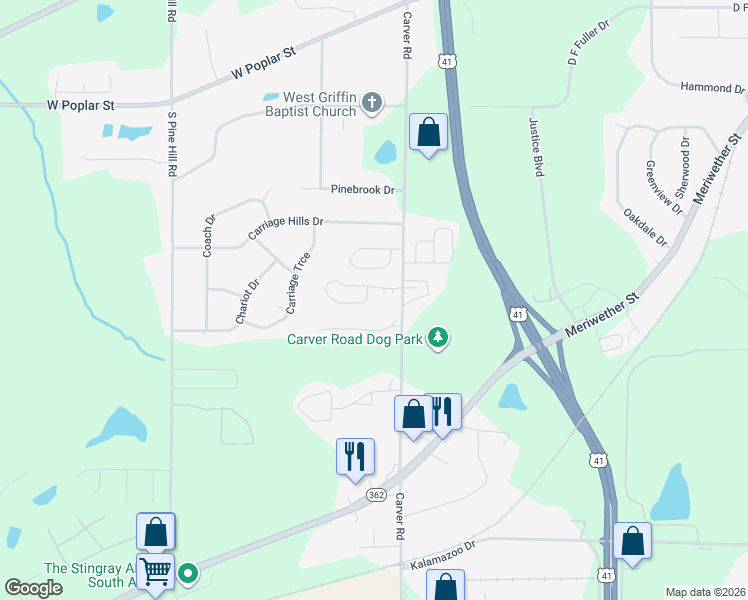 map of restaurants, bars, coffee shops, grocery stores, and more near 1601 Summerwoods Circle in Griffin
