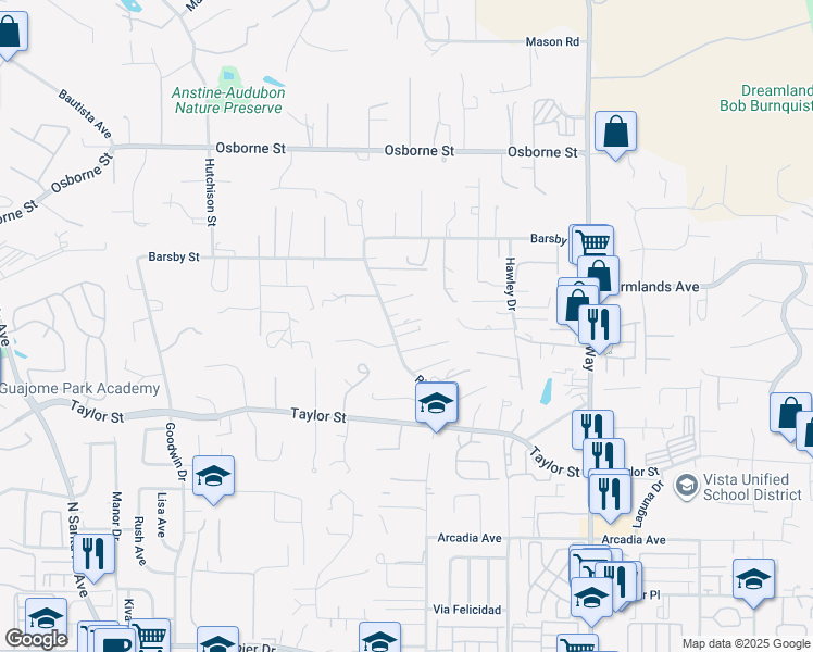 map of restaurants, bars, coffee shops, grocery stores, and more near 2055 Riviera Drive in Vista