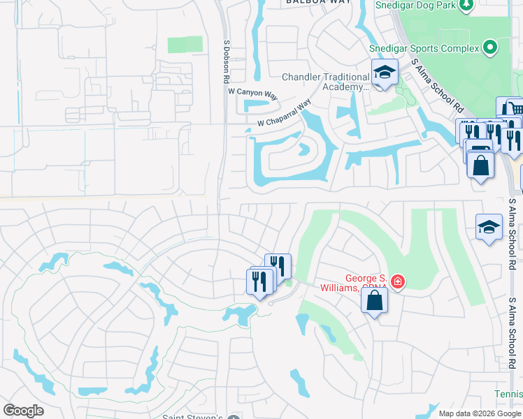 map of restaurants, bars, coffee shops, grocery stores, and more near 9654 East Tranquility Way in Sun Lakes