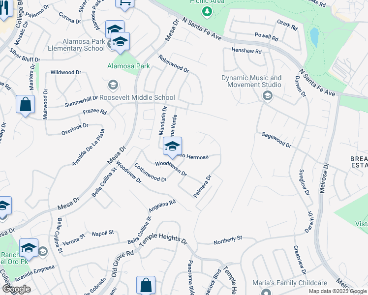 map of restaurants, bars, coffee shops, grocery stores, and more near 5111 El Circulo in Oceanside