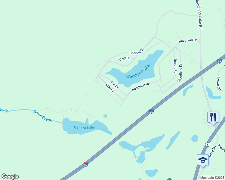 map of restaurants, bars, coffee shops, grocery stores, and more near Crest Drive in McCalla