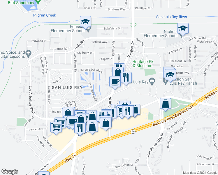 map of restaurants, bars, coffee shops, grocery stores, and more near 305 Island Way in Oceanside