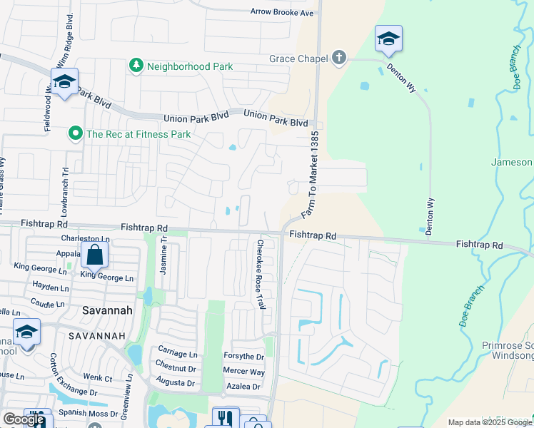 map of restaurants, bars, coffee shops, grocery stores, and more near 15117 Fishtrap Road in Aubrey