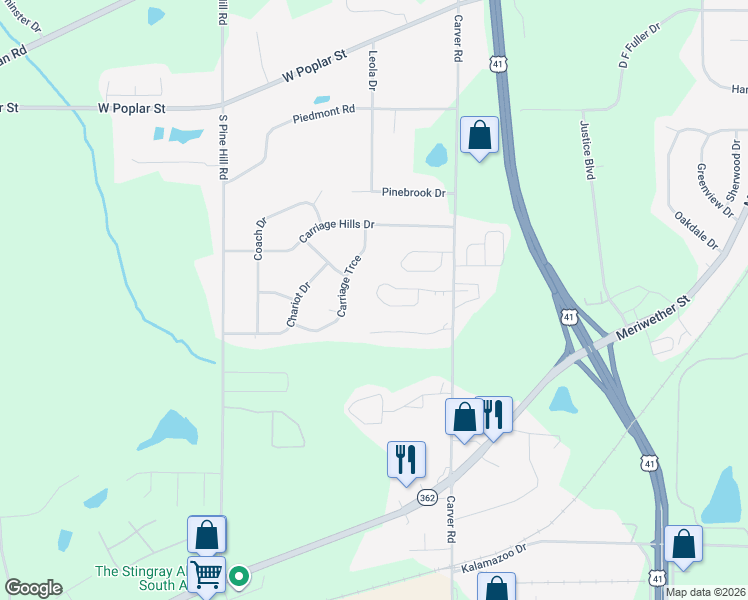 map of restaurants, bars, coffee shops, grocery stores, and more near 1645 Summerwoods Circle in Griffin