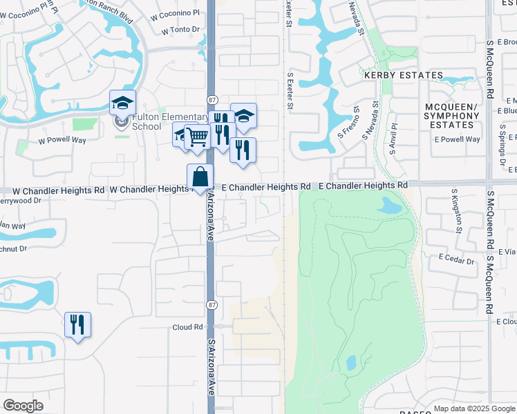 map of restaurants, bars, coffee shops, grocery stores, and more near 255 East Chandler Heights Road in Chandler