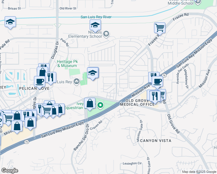 map of restaurants, bars, coffee shops, grocery stores, and more near 4120 Via Del Rey in Oceanside
