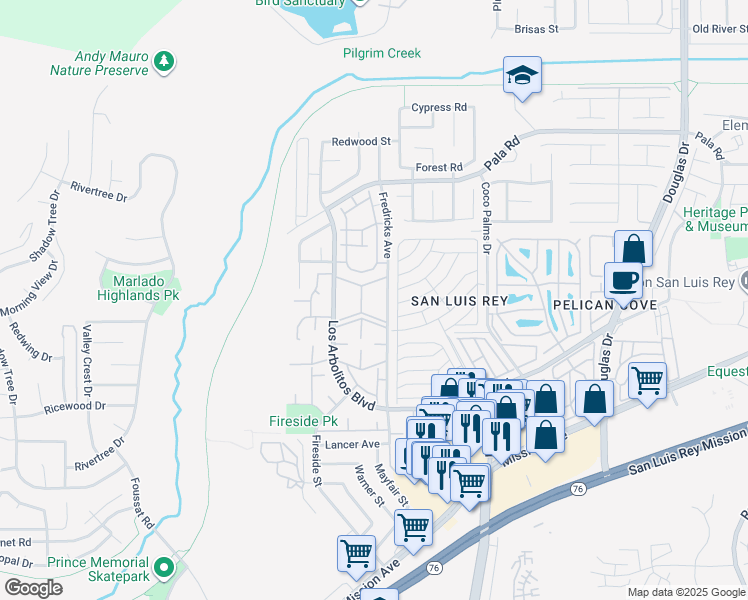 map of restaurants, bars, coffee shops, grocery stores, and more near 3565 Coconut Way in Oceanside