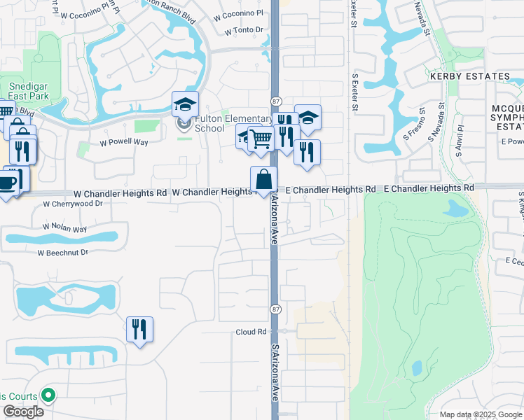map of restaurants, bars, coffee shops, grocery stores, and more near 5090 South Arizona Avenue in Chandler