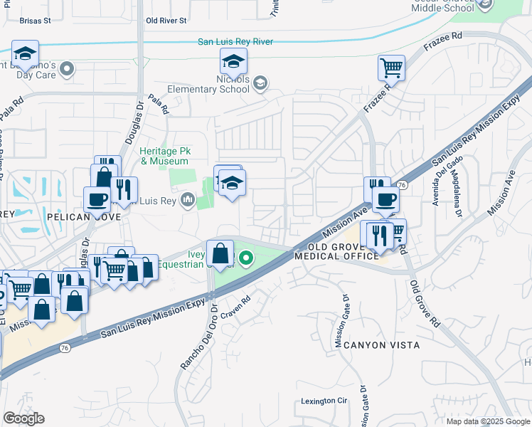 map of restaurants, bars, coffee shops, grocery stores, and more near 4120 Via Del Rey in Oceanside