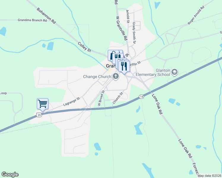 map of restaurants, bars, coffee shops, grocery stores, and more near 8 Sims Street in Grantville