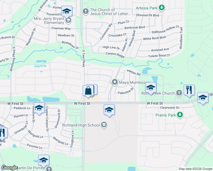 map of restaurants, bars, coffee shops, grocery stores, and more near 1400 Grapevine Ridge in Prosper