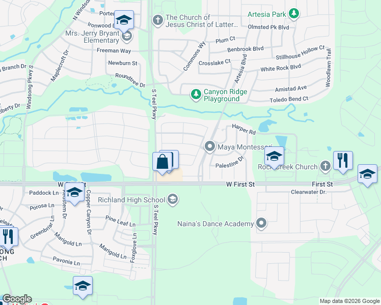 map of restaurants, bars, coffee shops, grocery stores, and more near 16021 Holly Creek in Prosper