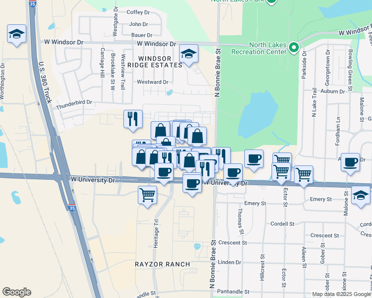 map of restaurants, bars, coffee shops, grocery stores, and more near 2620 West University Drive in Denton