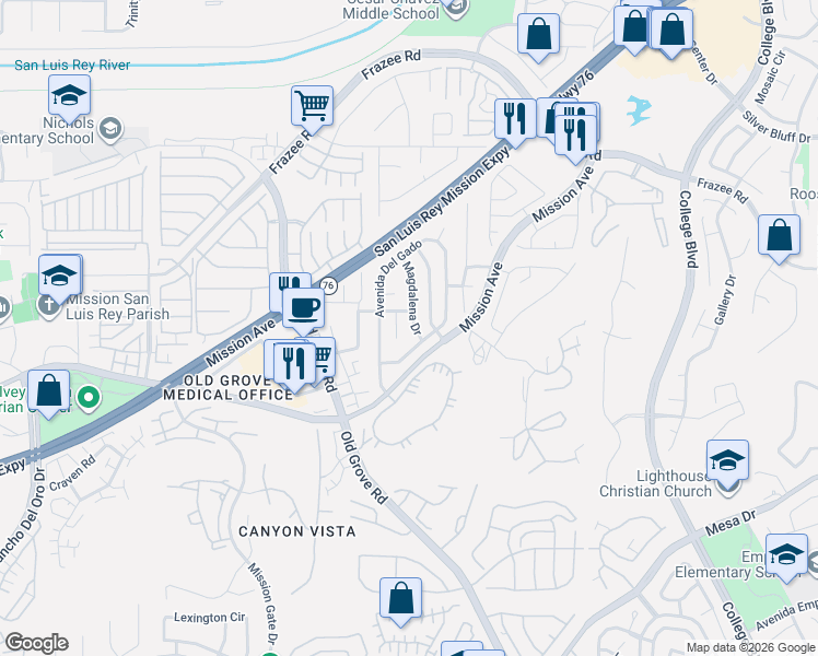 map of restaurants, bars, coffee shops, grocery stores, and more near 117 Magdalena Drive in Oceanside