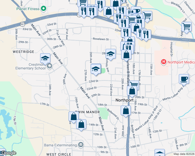 map of restaurants, bars, coffee shops, grocery stores, and more near 2699 26th Avenue in Northport