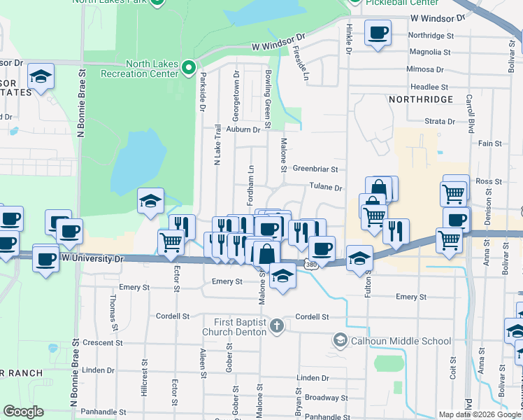 map of restaurants, bars, coffee shops, grocery stores, and more near 1912 Malone Street in Denton
