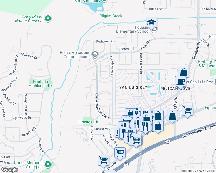 map of restaurants, bars, coffee shops, grocery stores, and more near 615 Fredricks Avenue in Oceanside