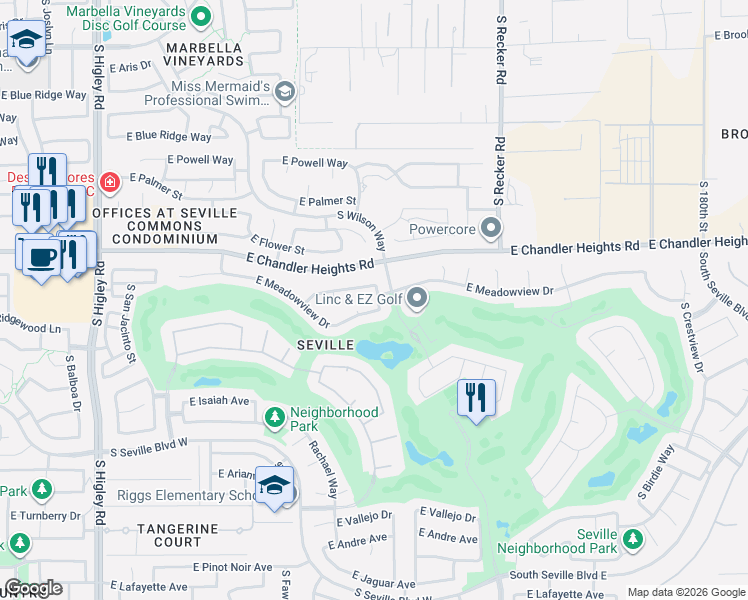 map of restaurants, bars, coffee shops, grocery stores, and more near 6475 South View Lane in Gilbert