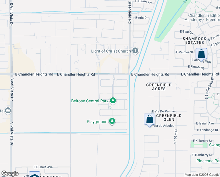 map of restaurants, bars, coffee shops, grocery stores, and more near 15605-15957 East Chandler Heights Road in Gilbert