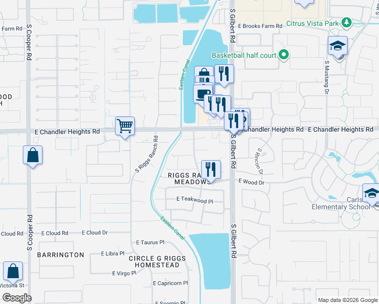 map of restaurants, bars, coffee shops, grocery stores, and more near 2755 East Cherrywood Place in Chandler