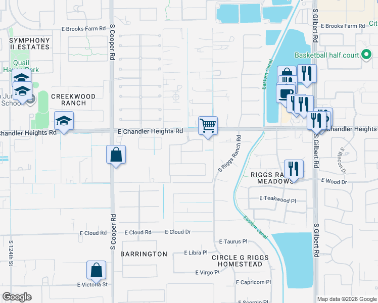 map of restaurants, bars, coffee shops, grocery stores, and more near 2362 E. Nolan Pl. in Chandler