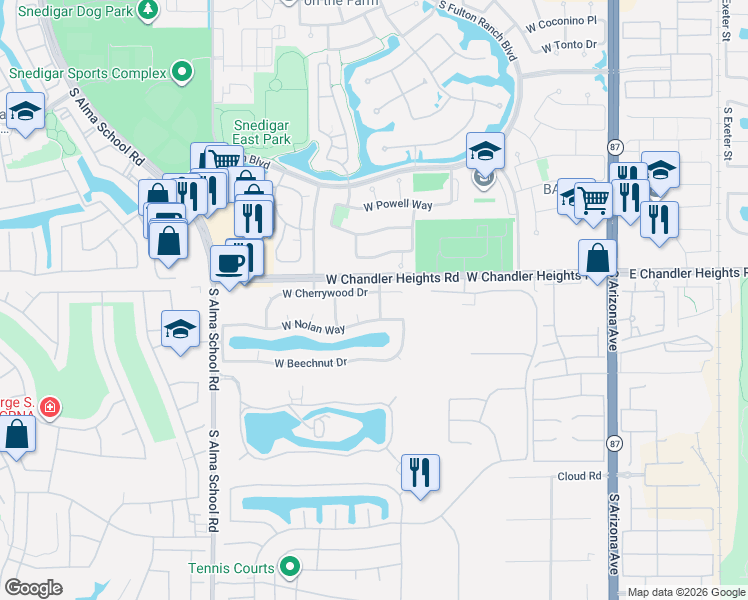 map of restaurants, bars, coffee shops, grocery stores, and more near 720 West Cherrywood Drive in Chandler