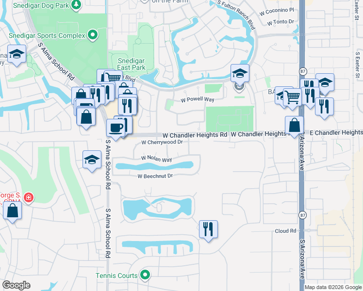 map of restaurants, bars, coffee shops, grocery stores, and more near 720 West Cherrywood Drive in Chandler