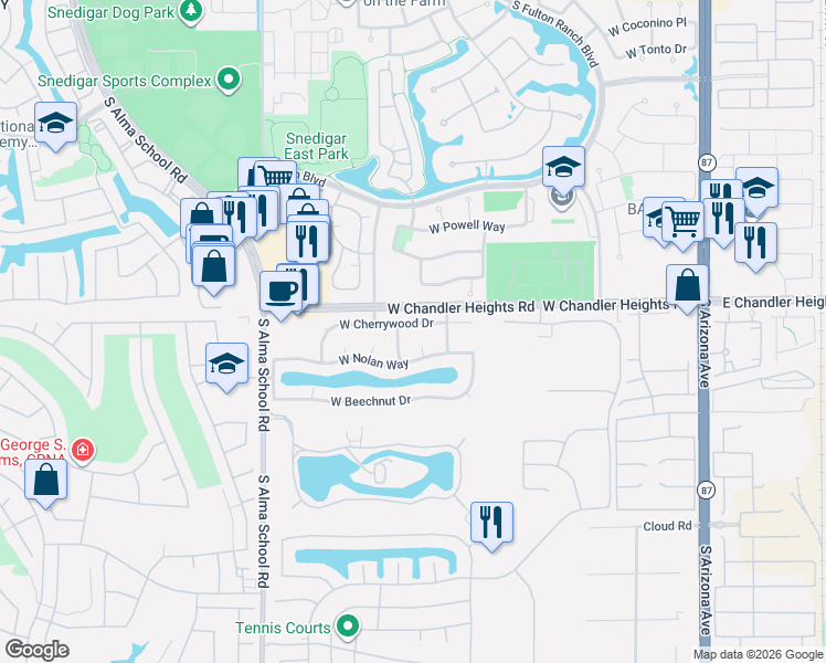 map of restaurants, bars, coffee shops, grocery stores, and more near 720 West Cherrywood Drive in Chandler