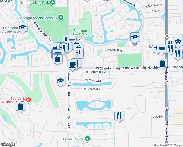 map of restaurants, bars, coffee shops, grocery stores, and more near 860 West Cherrywood Drive in Chandler