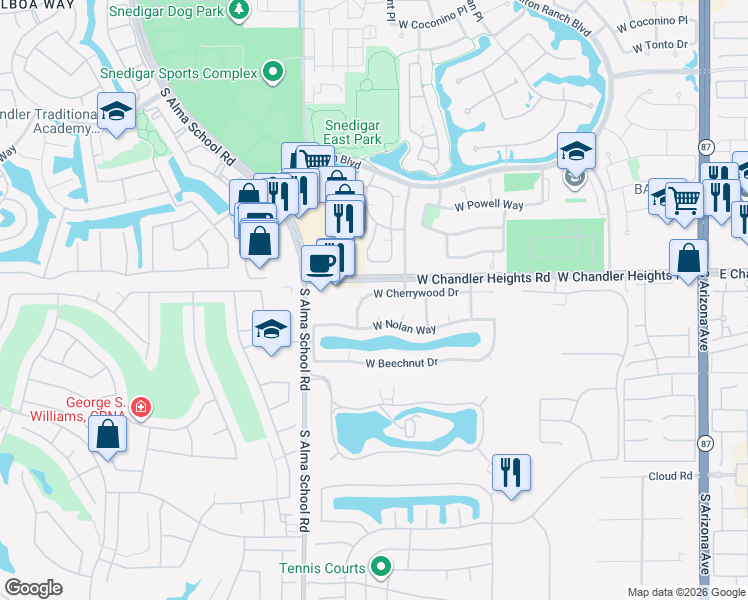 map of restaurants, bars, coffee shops, grocery stores, and more near 860 West Cherrywood Drive in Chandler