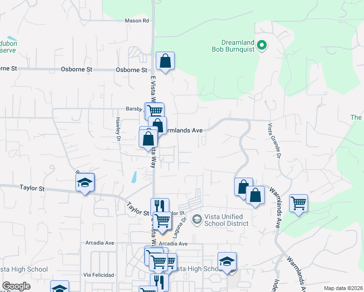 map of restaurants, bars, coffee shops, grocery stores, and more near 2127 Vista Grande Place in Vista