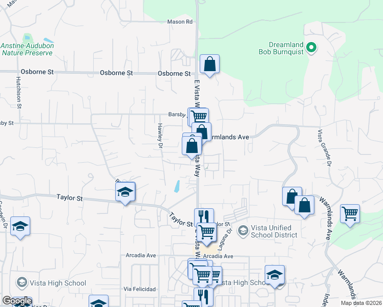 map of restaurants, bars, coffee shops, grocery stores, and more near in Vista