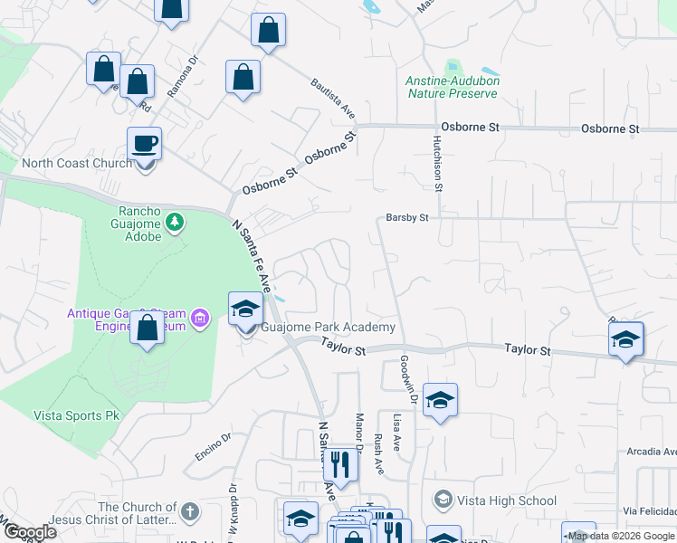 map of restaurants, bars, coffee shops, grocery stores, and more near 2050 Paseo Ladera in Vista