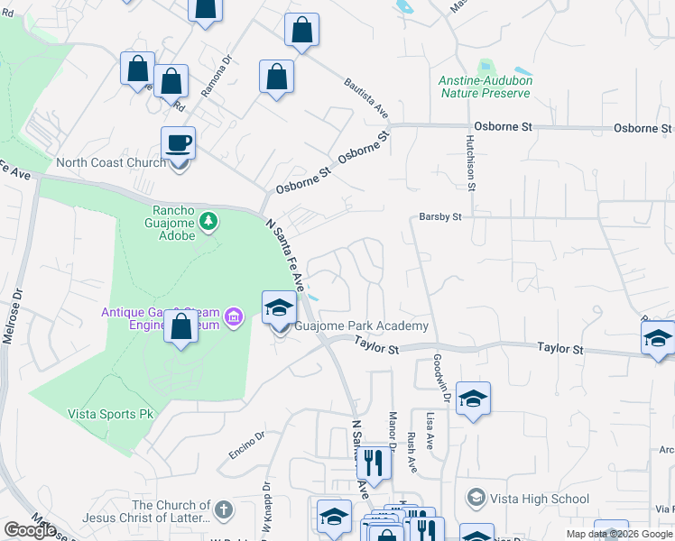 map of restaurants, bars, coffee shops, grocery stores, and more near 2030 Paseo Cresta in Vista