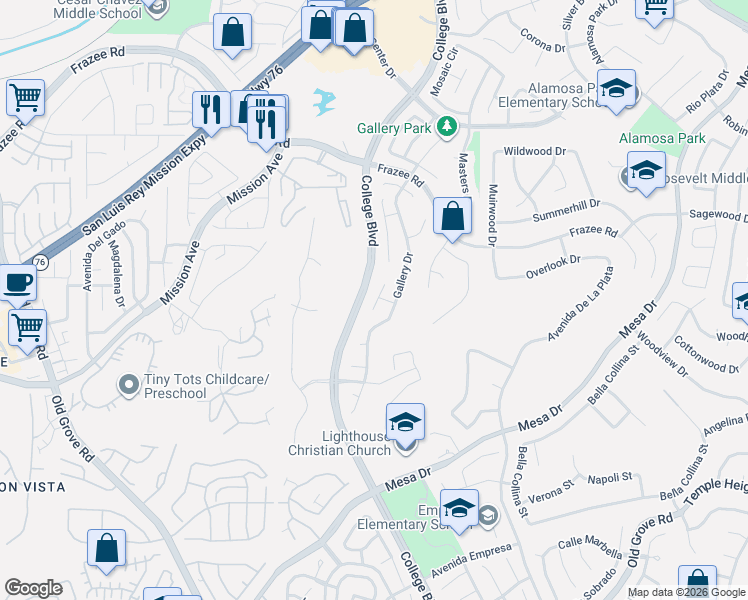 map of restaurants, bars, coffee shops, grocery stores, and more near 993 Museum Court in Oceanside