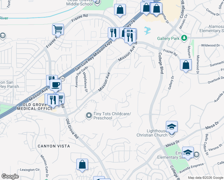 map of restaurants, bars, coffee shops, grocery stores, and more near 359 La Purisma Way in Oceanside