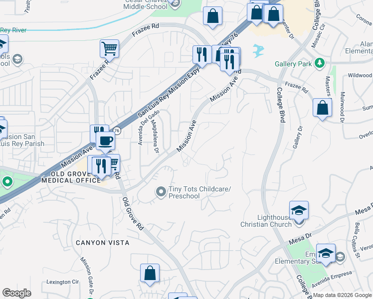 map of restaurants, bars, coffee shops, grocery stores, and more near 264 Avenida Marguarita in Oceanside