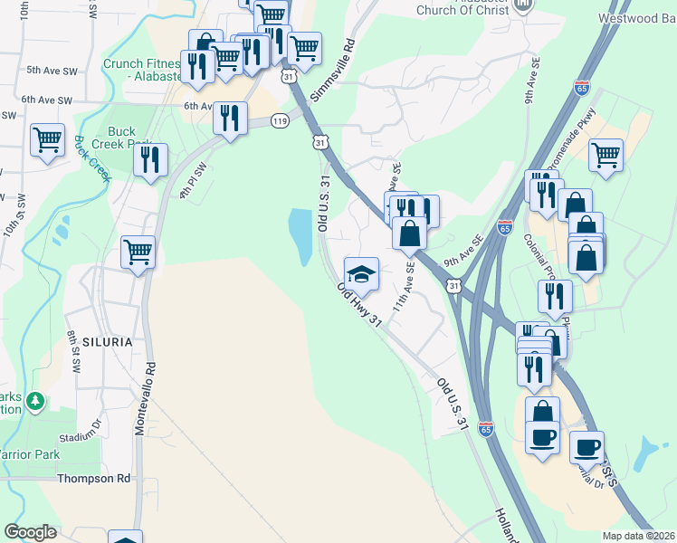map of restaurants, bars, coffee shops, grocery stores, and more near 39 10th Avenue Southeast in Alabaster